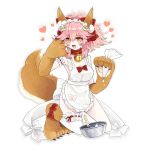  1girl :3 @_@ animal_ears apron bell bell_collar blush breasts cleavage collar fate/grand_order fate_(series) food fox_ears fox_tail hair_ribbon heart large_breasts long_hair looking_at_viewer maid_headdress merokonbu0 naked_apron open_mouth paws pink_hair ribbon sideboob simple_background solo tail tamamo_(fate)_(all) tamamo_cat_(fate) white_background yellow_eyes 