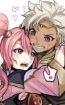  1boy 1girl blush boey_(fire_emblem) brown_eyes embarrassed fire_emblem fire_emblem_echoes:_mou_hitori_no_eiyuuou fire_emblem_gaiden gloves hetero highres hug mae_(fire_emblem) pink_eyes pink_hair simple_background smile tan white_background white_hair 