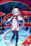 1girl :d absurdres ahoge bell black_bikini_top black_gloves black_legwear blackcat12 box capelet elbow_globes flat_chest floating_hair gift gift_box gloves hair_bell hair_ornament hair_ribbon highres holding holding_box jeanne_alter jeanne_alter_(santa_lily)_(fate) long_hair looking_at_viewer night open_mouth outdoors ponytail red_ribbon ribbon ruler_(fate/apocrypha) silver_hair smile snow solo standing striped striped_ribbon thigh-highs tree very_long_hair wrist_cuffs yellow_eyes 