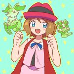  1girl blue_bow blue_eyes bow braixen brown_hair clenched_hands hands_up hat moyori pancham pokemon pokemon_(anime) pokemon_xy_(anime) serena_(pokemon) short_hair smile star starry_background sunglasses sunglasses_on_head teal_background 