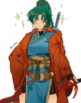  1girl absurdres dotentity fire_emblem fire_emblem:_rekka_no_ken fire_emblem_heroes fur_coat green_eyes green_hair highres looking_at_viewer lyndis_(fire_emblem) ponytail simple_background smile solo sword sword_behind_back weapon white_background 