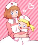  2girls alternate_costume blonde_hair blue_eyes blush brown_hair cosplay eureka_(pokemon) hat heart hug joy_(pokemon) joy_(pokemon)_(cosplay) looking_at_viewer moyori multiple_girls nurse nurse_cap pink_background pokemon pokemon_(anime) pokemon_xy_(anime) serena_(pokemon) short_hair side_ponytail striped striped_background 