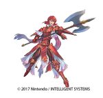  1girl armor axe fire_emblem fire_emblem:_mystery_of_the_emblem full_body gloves headband izuka_daisuke minerva_(fire_emblem) official_art open_mouth red_eyes redhead short_hair simple_background solo weapon 