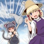  &gt;_&lt; &gt;_o 2girls animal_ears blonde_hair blue_eyes blush butterfly_net cookie_(touhou) eyebrows_visible_through_hair flying_sweatdrops grey_hair hair_ribbon hand_net houten kofji_(cookie) looking_at_another moriya_suwako mouse_ears mouse_tail multiple_girls nazrin one_eye_closed open_mouth pyonta red_eyes red_ribbon ribbon short_hair suwako_(cookie) tail touhou triangle_mouth 