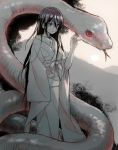  1girl alternate_costume anetai_toyone backlighting black_hair commentary_request giant_snake hair_between_eyes hana-kagume japanese_clothes kimono long_hair monochrome mountain obi red_eyes saki sash snake solo spot_color very_long_hair white_kimono white_snake yamata_no_orochi 