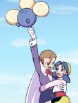  1boy 1girl blue_eyes blue_hair brown_hair crystal_(pokemon) hat hug jumpluff looking_at_another minaki_(pokemon) moyori pokemon pokemon_(game) pokemon_gsc sky twintails 