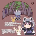  /\/\/\ 1girl animal_ears brown_eyes comic common_raccoon_(kemono_friends) crescent_moon fang fennec_(kemono_friends) fennec_fox forest kemono_friends moon nature night page_number raccoon_ears raccoon_tail scared shaded_face shima_noji_(dash_plus) solo sweat sweating_profusely tail translated 