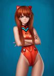  1girl blue_background blue_eyes breasts closed_mouth commentary_request covered_navel crossed_arms groin highres jungon_kim long_hair looking_to_the_side medium_breasts neon_genesis_evangelion one-piece_swimsuit orange_hair orange_swimsuit shiny shiny_hair skinny solo souryuu_asuka_langley standing swimsuit tsundere 