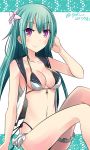  1girl bikini breasts cleavage dated eyebrows_visible_through_hair feet_out_of_frame flower green_hair hair_flower hair_ornament hebitsukai-san highres nagoya_(oshiro_project) navel oshiro_project oshiro_project_re sitting solo swimsuit twitter_username violet_eyes 