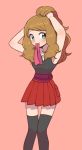  1girl blue_eyes brown_hair long_hair moyori pink_background pokemon pokemon_(anime) pokemon_xy_(anime) serena_(pokemon) solo thigh-highs tying_hair 