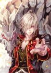  1boy blonde_hair brown_eyes commentary_request glowing glowing_eyes grin hair_over_one_eye highres hoshizaki_reita jewelry long_sleeves looking_at_viewer male_focus medium_hair monster one_eye_covered original parted_lips robe signature smile solo standing traditional_media 