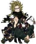  1boy all_might black_sclera blonde_hair blue_eyes boku_no_hero_academia clenched_hand commentary_request floral_print full_body geta indian_style japanese_clothes kimono long_sleeves male_focus nekodou_(yukatin1000) rope scarf simple_background sitting slippers smile snake snow_bunny solo teeth umbrella weapon white_background wide_sleeves yagi_toshinori 