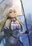  1girl armor armored_dress banner blonde_hair blue_eyes breasts breasts_apart chains cowboy_shot dress fate/apocrypha fate_(series) gauntlets holding holding_weapon large_breasts long_hair looking_up magicxiang ruler_(fate/apocrypha) sleeveless sleeveless_dress solo standing very_long_hair weapon 