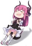 1girl chibi closed_eyes dragon_horns dragon_tail dress fate/extra fate/extra_ccc fate_(series) high_heels horns kei_(soundcross) lancer_(fate/extra_ccc) open_mouth panties pointy_ears purple_hair saliva sleeping smile solo striped striped_panties tail trembling underwear