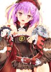  1girl bare_shoulders blush breasts character_doll fate/grand_order fate_(series) helena_blavatsky_(fate/grand_order) looking_at_viewer nikola_tesla_(fate/grand_order) open_mouth purple_hair raimu_(yuzu-raimu) short_hair small_breasts smile sparkle strapless thomas_edison_(fate/grand_order) tree_of_life violet_eyes white_background 