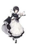  1girl black_hair black_shoes blue_eyes breasts cup hair_ornament highres holding holding_tray josie_rosebud maid maid_cap medium_breasts official_art pocket_watch princess_principal princess_principal_game_of_mission saucer shoes skirt_hold smile solo teacup teapot tray watch white_legwear 