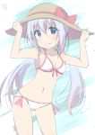  1girl adjusting_clothes adjusting_hat alternate_costume aosora_neko artist_name bangs bikini blue_eyes breasts brown_hat cleavage closed_mouth collarbone commentary_request cowboy_shot dated front-tie_bikini front-tie_top gochuumon_wa_usagi_desu_ka? groin hair_between_eyes hat hat_ribbon kafuu_chino light_blue_hair looking_at_viewer navel open_mouth red_ribbon ribbon side-tie_bikini sidelocks signature sketch small_breasts solo standing stomach sun_hat swimsuit twintails two-tone_background wavy_mouth white_bikini 