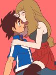  1boy 1girl black_hair blush brown_hair forehead_kiss hat hat_removed headwear_removed kiss lowres moyori pink_background pokemon pokemon_(anime) pokemon_xy_(anime) satoshi_(pokemon) serena_(pokemon) simple_background sitting sitting_on_lap sitting_on_person thigh-highs 