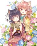  2girls :d :o animal_ears bangs black_hair blush book eyebrows_visible_through_hair floral_background floral_print flower hair_flower hair_ornament hair_ribbon hands_on_another&#039;s_shoulders holding holding_book itou_hachi japanese_clothes kimono long_hair long_sleeves looking_at_another morning_glory multiple_girls obi open_mouth original pink_hair red_eyes ribbon sash short_hair short_ponytail sitting smile striped vertical-striped_kimono vertical_stripes water_drop white_background 