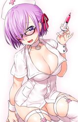  1girl bangs black-framed_eyewear blush breasts cleavage collar fate/grand_order fate_(series) garter_straps hair_over_one_eye hat kneeling large_breasts looking_at_viewer nose_blush nurse nurse_cap onsoku_maru open_mouth purple_hair shielder_(fate/grand_order) shirt short_hair short_sleeves smile solo syringe thigh-highs thigh_strap violet_eyes white_legwear white_shirt wrist_cuffs 