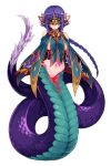  1girl absurdres bare_shoulders basilisk_(monster_girl_encyclopedia) blindfold braid breasts expressionless feathers highres jewelry kenkou_cross lamia large_breasts long_hair monster_girl monster_girl_encyclopedia navel paws pointy_ears purple_hair single_braid solo transparent_background very_long_hair 