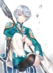  1boy belt belt_buckle black_boots boots buckle gradient gradient_background hinahino holding holding_weapon jacket leg_up long_sleeves looking_at_viewer male_focus mikleo_(tales) pants polearm silver_hair sitting solo spear tales_of_(series) tales_of_zestiria violet_eyes water_drop weapon 