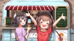  3girls alternate_costume ame. arms_up azur_lane black_shirt brown_hair eyebrows_visible_through_hair food hair_rings hat holding holding_food ice_cream long_hair multiple_girls ning_hai_(azur_lane) ping_hai_(azur_lane) purple_shirt red_shirt shirt t-shirt twintails undershirt upper_body violet_eyes 