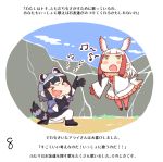  &gt;_&lt; 2girls :d animal_ears comic common_raccoon_(kemono_friends) fang head_wings japanese_crested_ibis_(kemono_friends) kemono_friends mountain multiple_girls music musical_note open_mouth page_number raccoon_ears raccoon_tail shima_noji_(dash_plus) singing smile tail translated xd 