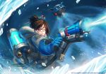  1girl beam cold frozen fur_coat hair_ornament hairpin ice_gun lutherniel mei_(overwatch) one_eye_closed overwatch robot snowball_(overwatch) 