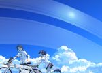  1boy 1girl bicycle black_hair brown_hair clouds collared_shirt ground_vehicle looking_at_viewer open_mouth original pushing_bicycle running scenery school_uniform shirt short_hair short_sleeves skirt sky tsukuba_masahiro 