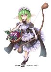  1girl basket black_shoes bow_(weapon) elbow_gloves gloves green_hair holding_basket maid official_art pointy_ears red_eyes sennen_sensou_aigis shoes solo standing standing_on_one_leg taicho128 watermark weapon white_gloves 