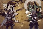  2boys ahoge armor black_hair cape fine_art_parody highres honebami_toushirou japanese_armor kiwame_(touken_ranbu) male_focus military military_uniform multiple_boys namazuo_toushirou necktie nihonga parody ponytail sheath smile sode sword touken_ranbu ukiyo-e uniform unsheathing violet_eyes wakizashi weapon white_hair yamada_chickenko 