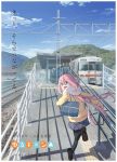  1girl black_legwear blue_eyes copyright_name ground_vehicle highres kagamihara_nadeshiko key_visual long_hair official_art pantyhose pink_hair railroad_tracks scarf school_uniform solo_focus station sweater train train_station yurucamp 