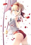  1girl ahoge ass banner blonde_hair clothes_writing confetti fate_(series) green_eyes gym_uniform hair_intakes headband long_hair looking_at_viewer looking_back mimelex red_buruma saber_extra see-through_silhouette smile v watermark web_address 