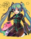  1girl :d aqua_hair bodysuit commentary fang green_eyes hatsune_miku heart heart-shaped_pupils long_hair looking_at_viewer no&#039;mad open_mouth smile solo speech_bubble star sunglasses symbol-shaped_pupils twintails very_long_hair vocaloid 