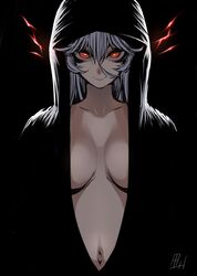  1girl alternate_costume breasts center_opening closed_mouth collarbone hair_between_eyes highres hood hood_up izayoi_sakuya looking_at_viewer medium_breasts naked_cloak navel red_eyes silver_hair smile solo tajima_yuuki touhou upper_body white_hair 