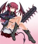  1girl bangs black_gloves black_ribbon black_skirt black_wings boots chainsaw demon_tail demon_wings emil_chronicle_online gloves gradient gradient_background grey_boots grin hair_between_eyes hair_ribbon highres jacket knee_boots long_hair long_sleeves looking_away one_leg_raised panties pantyshot pink_background pink_eyes pink_panties purple_jacket red_wings redhead ribbon shimo_(depthbomb) sidelocks skirt smile smirk solo tail underwear wings 