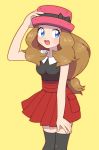  1girl blue_eyes bow brown_hair hand_on_headwear hand_on_thigh hat hat_bow long_hair moyori pokemon pokemon_(anime) pokemon_xy_(anime) serena_(pokemon) simple_background skirt smile solo thigh-highs yellow_background 