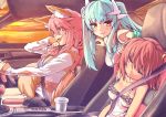  3girls ahoge animal_ears aqua_hair between_breasts blush breasts car cleavage collarbone fang fate/grand_order fate_(series) fox_ears fox_tail fujimaru_ritsuka_(female) green_hair ground_vehicle hair_ornament hair_over_one_eye hair_scrunchie highres horns kiyohime_(fate/grand_order) large_breasts long_hair looking_at_viewer motor_vehicle multiple_girls open_mouth orange_hair pink_hair scrunchie short_hair side_ponytail sleeping smile tail tamamo_(fate)_(all) tamamo_no_mae_(fate) wisespeak yellow_eyes 