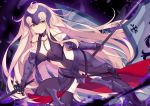  1girl absurdly_long_hair absurdres armor armored_dress banner bare_shoulders black_gloves black_legwear blonde_hair boots breasts chains cleavage collar elbow_gloves fate/grand_order fate_(series) fur_trim gloves halterneck headpiece highres jeanne_alter jyt large_breasts long_hair looking_at_viewer navel navel_cutout ruler_(fate/apocrypha) smile solo sword thigh-highs thigh_boots very_long_hair weapon yellow_eyes 