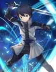  1boy absurdres arm_up bangs black_eyes black_gloves black_hair black_pants blue_background blue_belt closed_mouth commentary_request diffraction_spikes fighting_stance glint gloves grey_jacket hair_between_eyes hand_up high_collar highres holding holding_sword holding_weapon kirito legs_apart light_particles long_sleeves looking_at_viewer male_focus pants solo standing sword sword_art_online sword_art_online_the_movie:_ordinal_scale taro_(ultrataro) weapon wind 