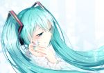  1girl agonasubi blue_eyes blue_hair blue_nails floating_hair hair_between_eyes hair_ornament hatsune_miku headphones long_hair nail_polish portrait smile solo twintails very_long_hair vocaloid 