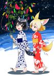  2girls :d alternate_costume animal_ears bamboo_shoot barefoot_sandals black_hair blonde_hair commentary common_raccoon_(kemono_friends) extra_ears fang feet fennec_(kemono_friends) floral_print food fox_ears fox_tail fruit full_body grey_hair half-closed_eyes japanese_clothes kanimura_ebio kemono_friends kimono leaf long_sleeves looking_at_another multicolored_hair multiple_girls open_mouth plant raccoon_ears raccoon_tail short_hair smile tail tanabata tanzaku walking watermelon wide_sleeves zouri 