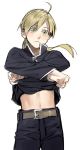  1boy alphonse_elric androgynous belt black_shirt blonde_hair blush expressionless fullmetal_alchemist long_hair looking_away male_focus navel noako pants ponytail shirt simple_background solo_focus stomach white_background yellow_eyes 