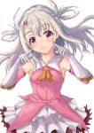  1girl ascot bare_shoulders blonde_hair c: commentary dress elbow_gloves eyebrows_visible_through_hair fate/kaleid_liner_prisma_illya fate_(series) feathers gloves hair_feathers head_tilt illyasviel_von_einzbern laurier long_hair looking_at_viewer magical_girl pink_dress pointing pointing_at_self prisma_illya red_eyes sleeveless sleeveless_dress smile solo two_side_up white_gloves 