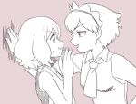  2girls against_wall hand_on_wall hands_up looking_at_another millefeui_(pokemon) monochrome moyori multiple_girls pokemon pokemon_(anime) pokemon_xy_(anime) serena_(pokemon) short_hair simple_background sweatdrop wall_slam 