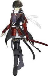  1boy armor black_hair blue_eyes boots coat double-breasted earrings horikawa_kunihiro japanese_armor jewelry kiwame_(touken_ranbu) knee_boots male_focus official_art scarf sheath sheathed shiramine_(srmn09) smile sword touken_ranbu transparent_background wakizashi weapon 