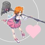  1girl back_bow breasts cleavage cleavage_cutout cyan_eyes fingerless_gloves gloves heart highres iesupa looking_at_viewer nora_valkyrie orange_hair rwby smile solo warhammer weapon 