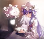  1girl asuzemu backlighting bangs blunt_bangs book bow capelet crescent crescent_hair_ornament hair_bow hair_ornament hat holding holding_book indoors long_hair looking_at_viewer mob_cap patchouli_knowledge plant potted_plant purple_hair sitting solo sunlight touhou under_covers violet_eyes wavy_hair 