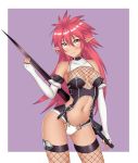  1girl agarest_senki agarest_senki_(series) armor bangs bare_shoulders blush breasts brown_eyes chechoski closed_mouth collar collarbone dark_skin elbow_gloves elf eyebrows_visible_through_hair fingerless_gloves fishnet_legwear fishnets gloves gradient_eyes hair_between_eyes highres holding holding_sword holding_weapon lavinia_(agarest_senki) long_hair long_pointy_ears looking_at_viewer medium_breasts multicolored multicolored_eyes navel navel_cutout outside_border pointy_ears redhead shiny shiny_hair shiny_skin simple_background smile solo spiky_hair standing sword sword_behind_back thigh-highs weapon white_border white_gloves yellow_eyes 